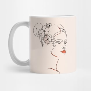 One line continuous woman face. Continuous line pattern. Trendy hand drawn textures. Mug